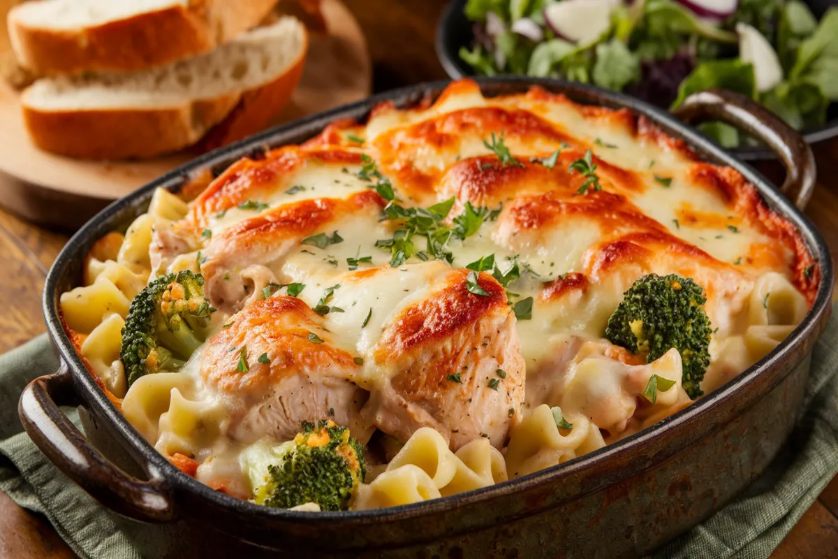 Chicken Broccoli Alfredo Casserole with creamy Alfredo sauce, chicken, broccoli, pasta, and melted cheese, garnished with parsley.