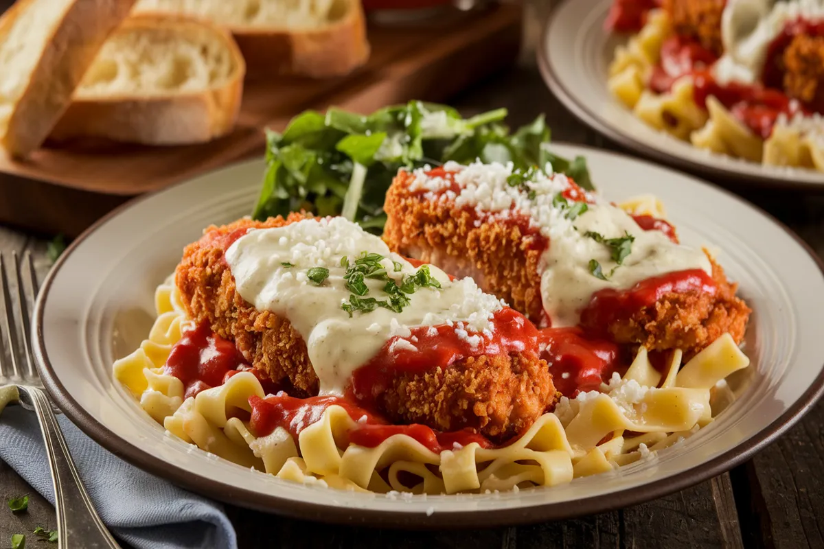 Chicken Parmesan Alfredo with crispy breaded chicken, marinara sauce, creamy Alfredo sauce, pasta, and garnished with parsley and Parmesan cheese.