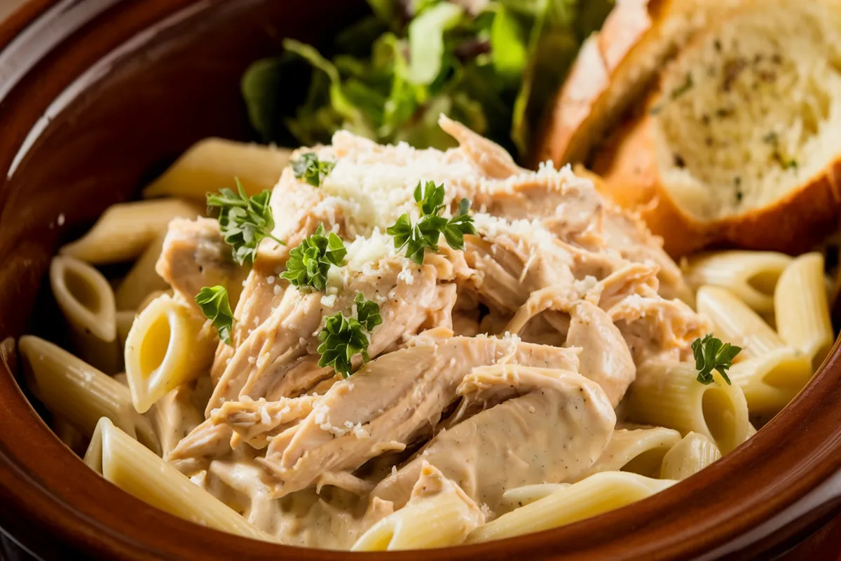 Chicken Alfredo Crockpot with tender shredded chicken, penne pasta, and creamy Alfredo sauce, garnished with parsley and Parmesan cheese.