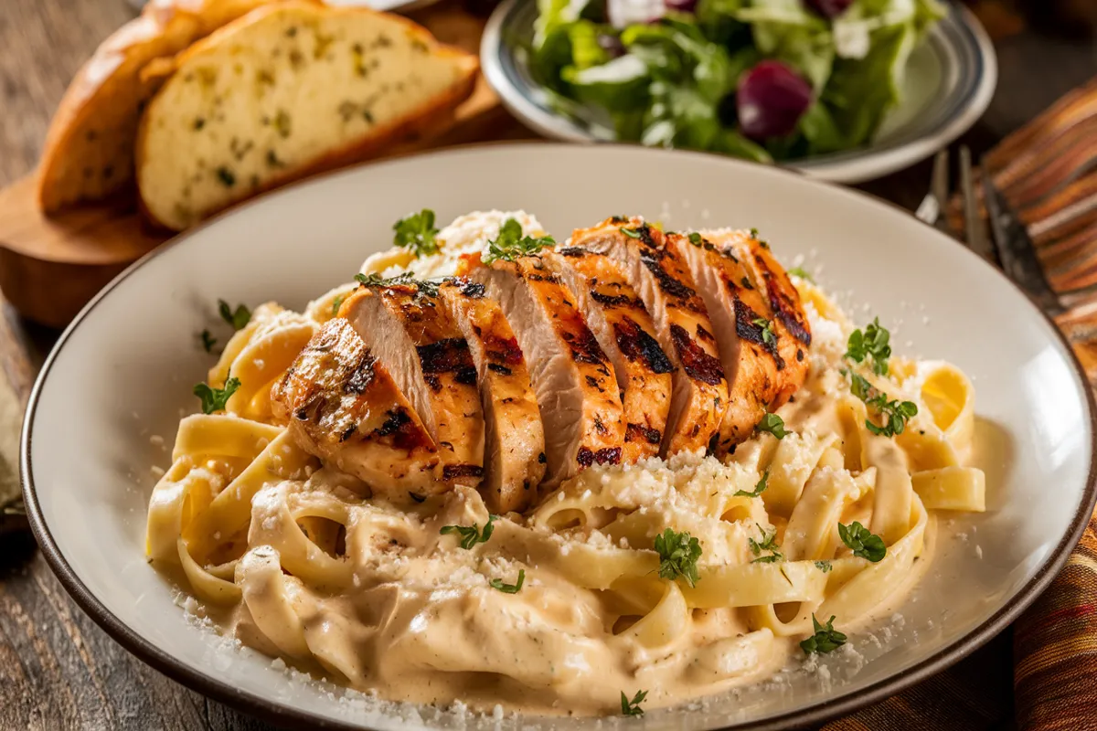 Grilled Chicken Alfredo dish with grilled chicken slices on fettuccine pasta covered in creamy Alfredo sauce, garnished with Parmesan cheese and parsley.