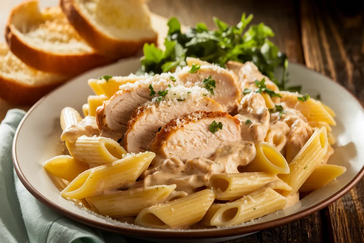 Penne Pasta with Chicken Alfredo dish featuring creamy Alfredo sauce, tender chicken, penne pasta, garnished with Parmesan cheese and parsley.