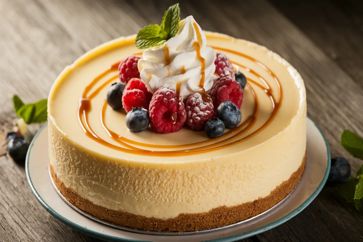 Philadelphia Cheesecake with a graham cracker crust, creamy filling, fresh berries, and caramel drizzle, garnished with whipped cream and mint leaves.