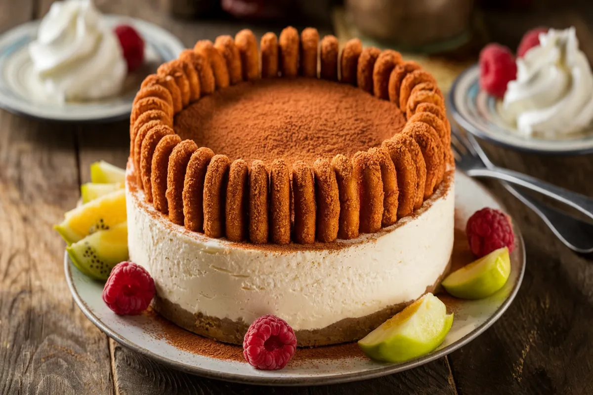 Churro Cheesecake dessert with creamy cheesecake, a crispy churro crust, and cinnamon-sugar topping, garnished with whipped cream and fresh fruit.