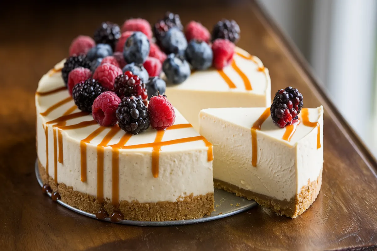 Philadelphia No-Bake Cheesecake with a slice cut out, showing a creamy filling, graham cracker crust, and topped with fresh berries and caramel sauce.