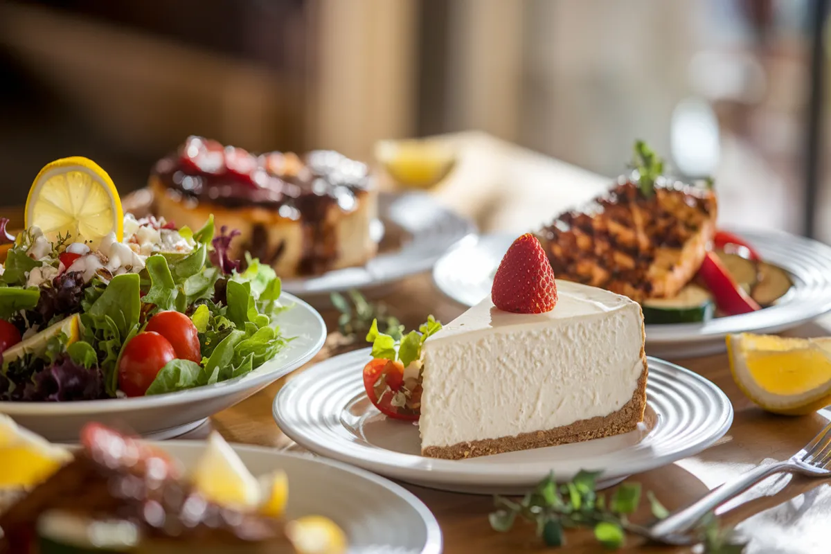 Cheesecake Factory spread featuring healthy options like a fresh salad, grilled chicken with vegetables, and a slice of original cheesecake.