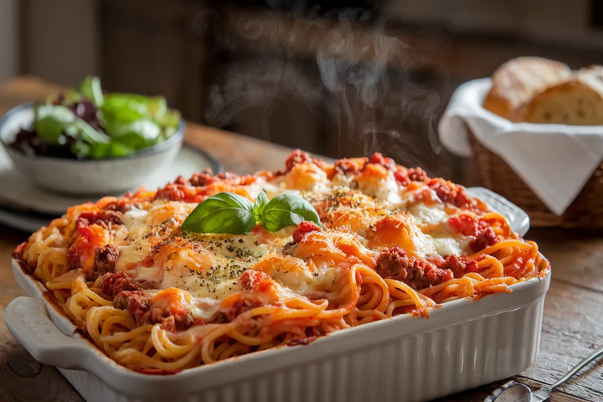 Freshly baked spaghetti with cream cheese casserole, topped with golden-brown melted mozzarella and Parmesan cheese, with visible layers of creamy noodles and rich tomato meat sauce, garnished with fresh basil leaves, served on a rustic wooden table with a side of green salad and garlic bread.