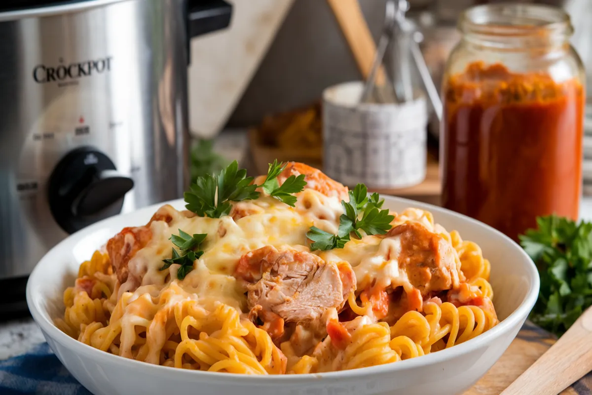 Ingredients Image: "Ingredients for cheesy chicken spaghetti in a crockpot including chicken breasts, diced tomatoes, chicken broth, shredded cheese, onion, garlic, spaghetti, and spices arranged on a kitchen counter." Cooking in Crockpot Image: "Chicken, tomatoes, and seasonings cooking in a crockpot for cheesy chicken spaghetti, with steam rising and a wooden spoon stirring the mixture." Shredded Chicken Image: "Shredded chicken on a cutting board being prepared to be added back into the crockpot for cheesy chicken spaghetti." Adding Cheese and Spaghetti Image: "Adding shredded cheese, cooked spaghetti, and sour cream to the crockpot filled with chicken and sauce for cheesy chicken spaghetti." Final Dish Image: "A bowl of cheesy chicken spaghetti served hot, garnished with fresh parsley, with melted cheese and tender chicken visible." Serving Suggestion Image: "A serving of cheesy chicken spaghetti in a crockpot with a side salad and a slice of garlic bread, ready to be enjoyed at the dining table."