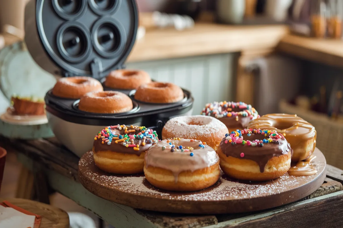 Freshly baked donuts with various toppings made in a donut maker, displayed on a rustic wooden table with soft natural lighting.