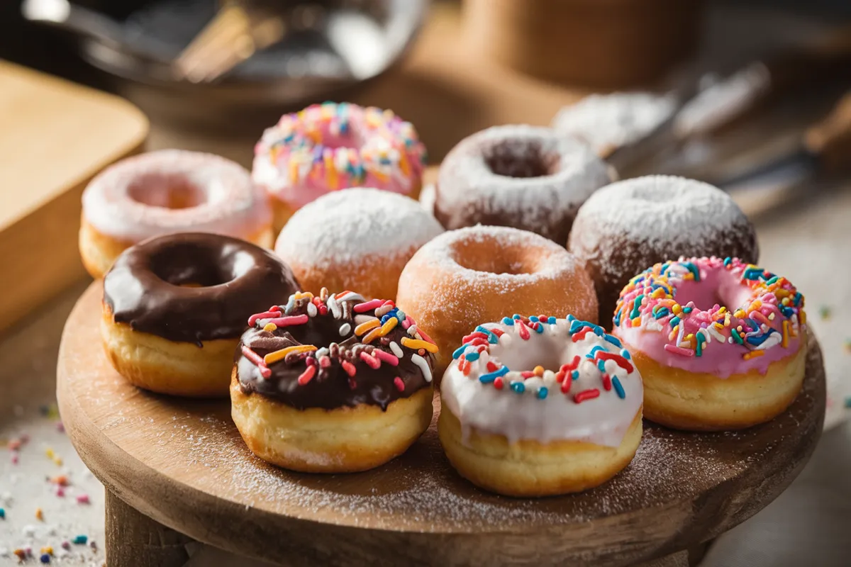 Freshly made mini donuts with various toppings displayed on a wooden board with soft lighting, showcasing their fluffy texture and vibrant colors.