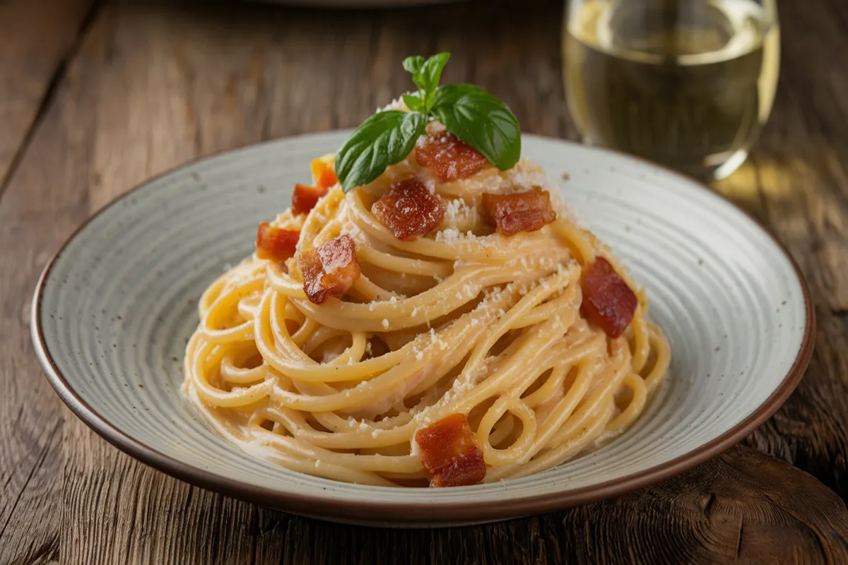 Ingredients Image: "Ingredients for Spaghetti à la Carbonara including spaghetti, pancetta, eggs, Pecorino Romano cheese, and garlic arranged on a kitchen counter." Cooking Pancetta Image: "Diced pancetta cooking in a skillet until crispy for Spaghetti à la Carbonara, with a wooden spoon stirring the meat." Sauce Preparation Image: "Egg and Pecorino Romano cheese mixture being whisked together in a bowl to create the sauce for Spaghetti à la Carbonara." Combining Pasta and Sauce Image: "Cooked spaghetti being tossed in a skillet with pancetta and a creamy egg and cheese sauce for Spaghetti à la Carbonara." Final Dish Image: "A serving of Spaghetti à la Carbonara on a plate, garnished with freshly ground black pepper and extra grated cheese, ready to be enjoyed."