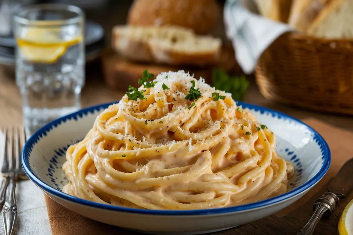 A plate of Alfredo spaghetti topped with Parmesan cheese and parsley, served in a rustic kitchen setting.