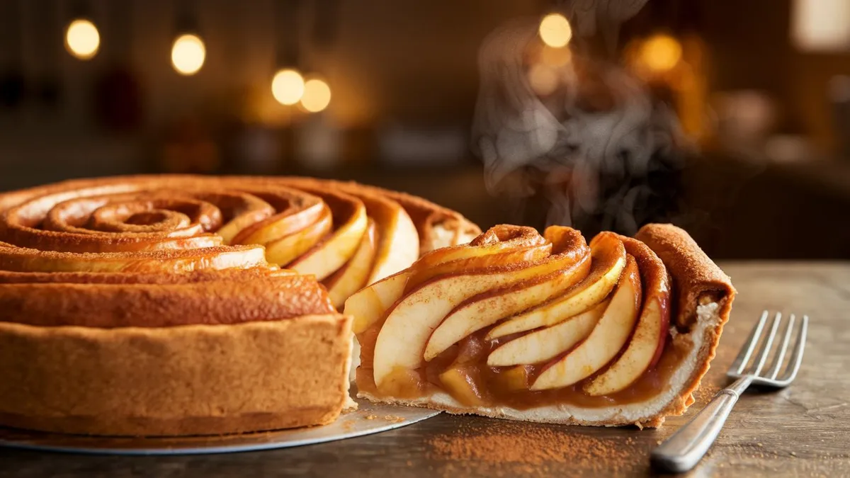 Apple and cinnamon roll pie with a golden, cinnamon roll crust, filled with sweet apple slices.