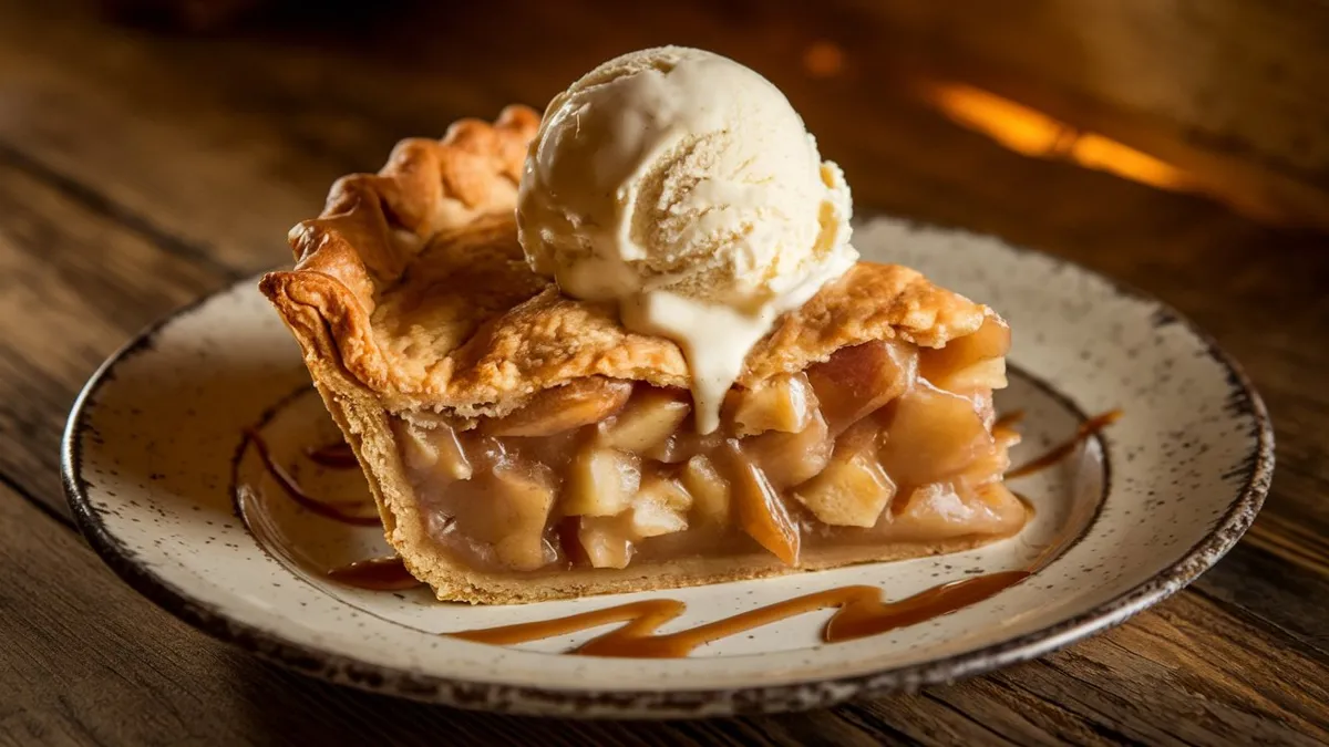 A slice of warm apple pie topped with a scoop of vanilla ice cream, served on a white plate.