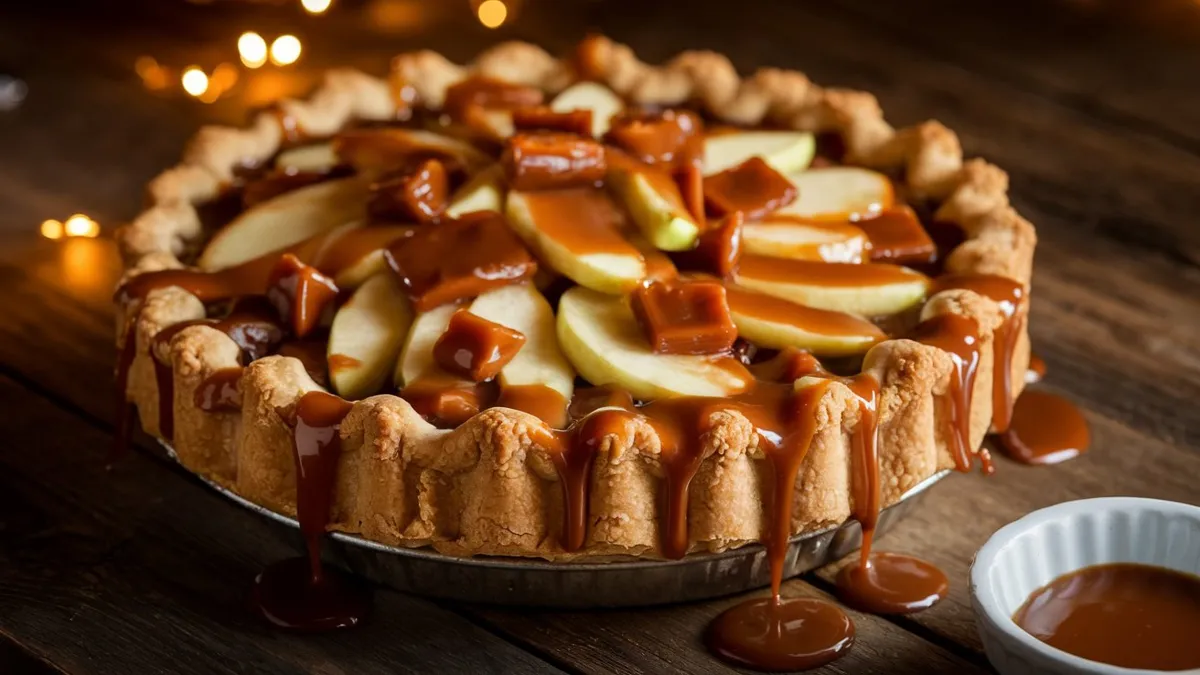 Main Image of Apple Pie Caramel Apple Alt Text: A slice of apple pie topped with dripping caramel sauce, served on a rustic wooden table. Caramel Sauce Preparation Image Alt Text: Golden caramel sauce being poured over a freshly baked apple pie. Assembling the Pie Image Alt Text: Unbaked apple pie with a top crust, ready to be placed in the oven. Apple Pie Caramel Apple Served Image Alt Text: Warm apple pie drizzled with caramel sauce, served with a scoop of vanilla ice cream.