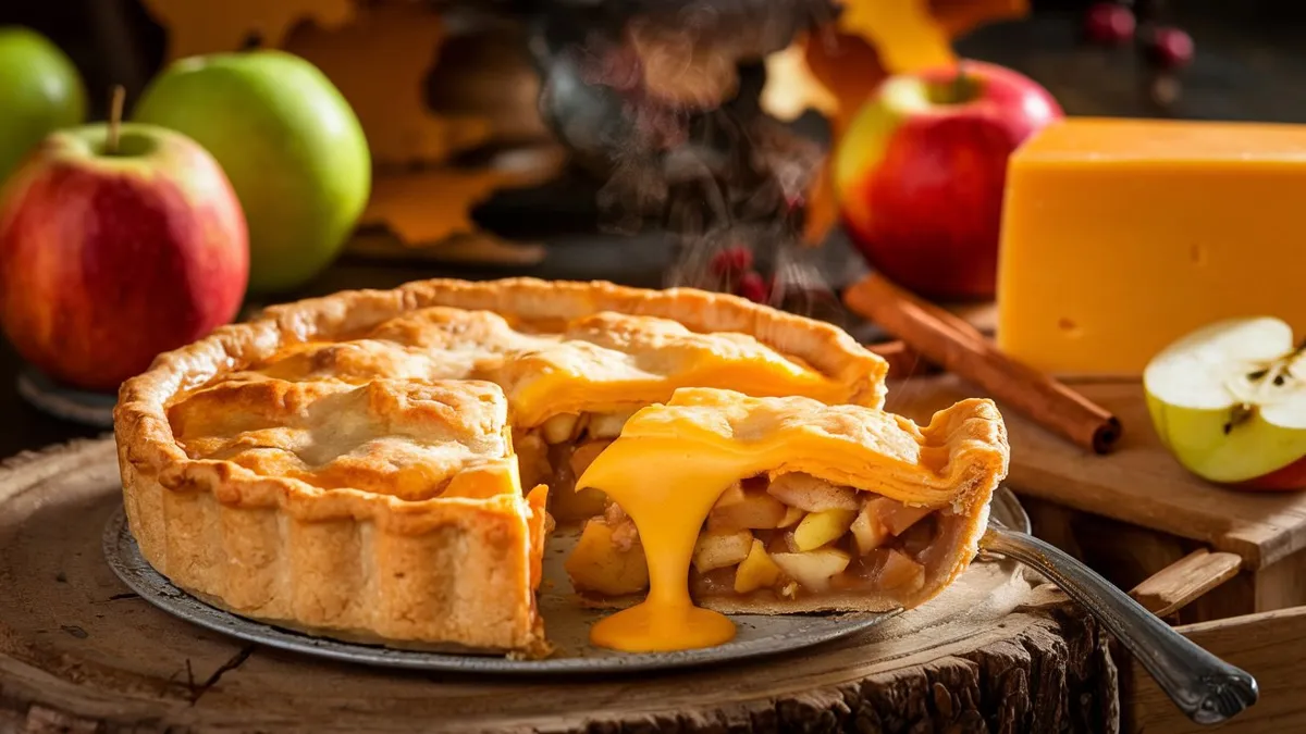 Main Image of Apple Pie with Cheddar Cheese Alt Text: A slice of apple pie with a slice of cheddar cheese melting on top, served on a rustic wooden table. Cheddar Cheese Crust Image Alt Text: Close-up of a cheddar cheese-infused pie crust, highlighting the golden, flaky texture. Apple Pie and Cheddar Cheese Topping Alt Text: A slice of warm apple pie topped with a melting slice of sharp cheddar cheese. Serving Apple Pie with Cheddar Cheese Alt Text: A slice of apple pie with cheddar cheese served on a white plate, with additional cheese slices on the side.