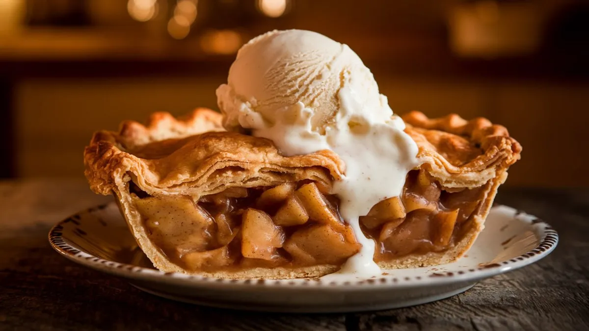 Main Image of Apple Pie Filling and Ice Cream Alt Text: A bowl of warm apple pie filling topped with a melting scoop of vanilla ice cream, set on a rustic wooden table. Apple Pie Filling Preparation Image Alt Text: Sliced apples being mixed with sugar, cinnamon, and spices in a large bowl. Serving Image Alt Text: Apple pie filling spooned over ice cream, with caramel sauce drizzled on top. Close-up of Apple Pie Filling and Ice Cream Alt Text: A close-up view of warm apple pie filling with creamy vanilla ice cream, highlighting the textures and colors.