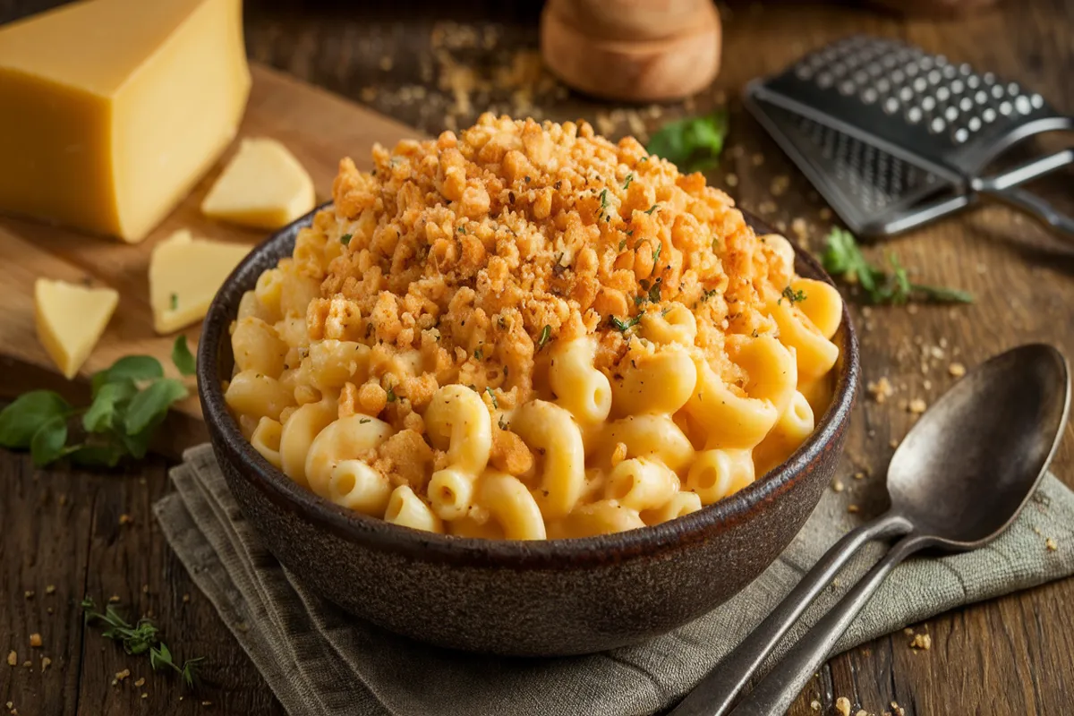 A bowl of creamy Beecher's mac and cheese topped with golden breadcrumbs and fresh herbs, showcasing the rich, cheesy sauce made from Beecher's Flagship and Just Jack cheeses." Alt Text for Ingredients Image: "Ingredients for Beecher's mac and cheese, including Beecher's Flagship and Just Jack cheeses, pasta, butter, milk, and spices, arranged on a kitchen countertop." Alt Text for Cooking Process Image: "Whisking creamy cheese sauce for Beecher's mac and cheese on the stovetop, with grated Beecher's cheeses melting smoothly into the sauce." Alt Text for Serving Suggestion Image: "A serving of Beecher's mac and cheese in a rustic dish, paired with a side salad and fresh herbs for garnish.