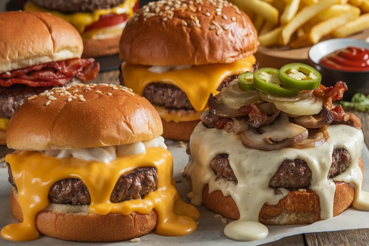 Close-up image of a variety of burgers featuring different types of melted cheese. Includes an American cheeseburger with gooey melted American cheese, a cheddar cheeseburger with sharp, tangy cheddar cheese, a Swiss cheeseburger topped with melted Swiss cheese, caramelized onions, and sautéed mushrooms, and a pepper jack cheeseburger with spicy pepper jack cheese, fresh jalapeños, and crispy bacon. All burgers are served on toasted brioche buns with sesame seeds, accompanied by a side of crispy golden French fries and a small bowl of ketchup on a rustic wooden table