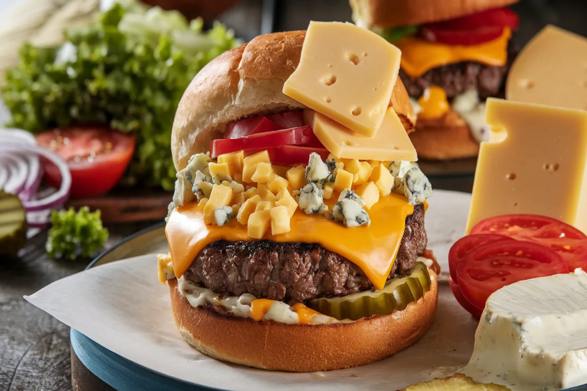 An appetizing image of a gourmet cheeseburger on a brioche bun with various cheese options, including American, cheddar, Swiss, blue cheese, pepper jack, and brie, melted over a juicy beef patty. The background features fresh ingredients like lettuce, tomatoes, caramelized onions, and pickles on a rustic wooden table