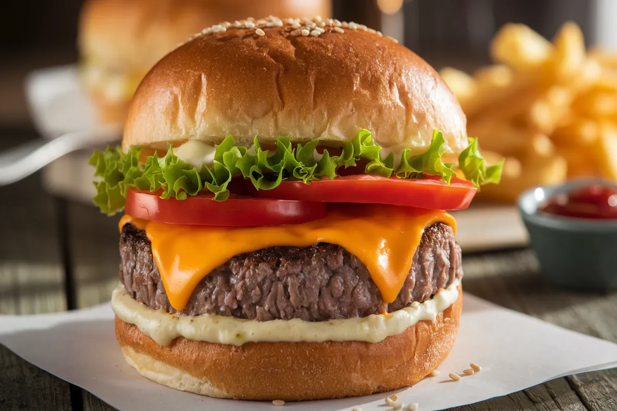 Close-up image of a juicy burger with a thick beef patty, melted cheddar cheese, crisp lettuce, and fresh slices of ripe tomato, served on a toasted brioche bun with sesame seeds. The burger is placed on a rustic wooden table, accompanied by a side of crispy French fries and a small bowl of ketchup