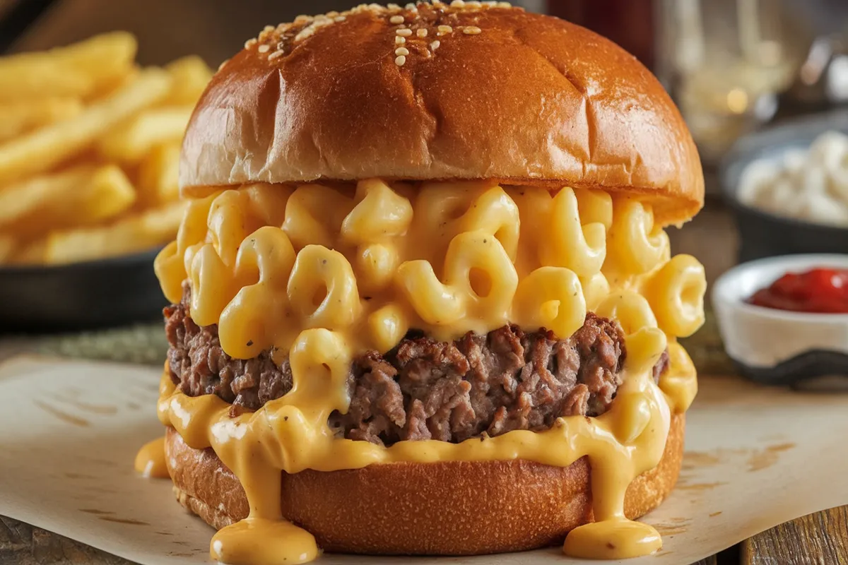 Close-up image of a burger with a thick beef patty topped with creamy, cheesy mac and cheese. The mac and cheese is gooey, with pasta shells coated in cheddar cheese sauce, spilling over the patty. The burger is served on a toasted brioche bun with sesame seeds, accompanied by a side of crispy golden French fries and a small bowl of ketchup on a rustic wooden table