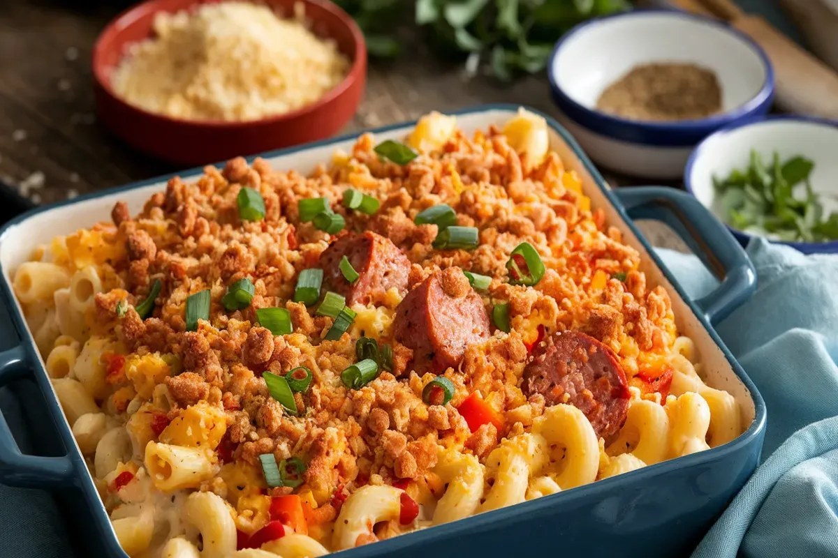 Main Dish Image: "A baking dish filled with Cajun Mac and Cheese, topped with golden breadcrumbs, green onions, and slices of sausage, surrounded by a rustic kitchen scene." Ingredients Image: "Ingredients for Cajun Mac and Cheese, including grated cheddar and Monterey Jack cheese, Cajun seasoning, diced bell peppers, sausage slices, and green onions." Cooking Process Image: "A skillet with sausage slices and diced bell peppers being sautéed, with a creamy cheese sauce simmering in a saucepan nearby." Serving Suggestion Image: "A bowl of Cajun Mac and Cheese served with a side of garlic bread and a green salad, garnished with fresh herbs for added color and freshness." Variation Image (e.g., Cajun Shrimp Mac and Cheese): "A dish of Cajun Shrimp Mac and Cheese, featuring sautéed shrimp, creamy cheese sauce, and a crispy breadcrumb topping, garnished with green onions."