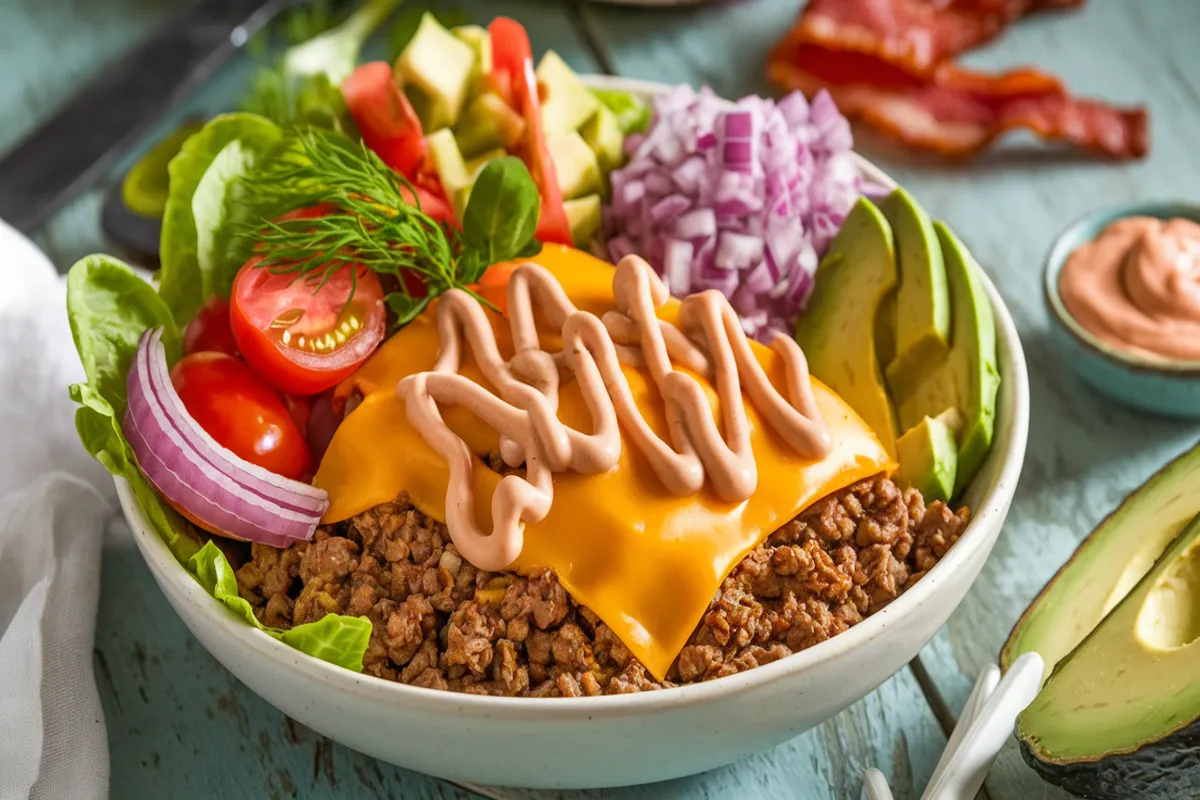 Close-up image of a cheeseburger bowl filled with juicy, seasoned ground beef topped with melted cheddar cheese. The bowl includes fresh ingredients such as crisp romaine lettuce, halved cherry tomatoes, diced red onions, chopped dill pickles, and sliced avocado, all arranged in a colorful presentation. A drizzle of creamy, tangy burger sauce is spread over the top, with a rustic wooden table background and a side of crispy bacon pieces and extra burger sauce