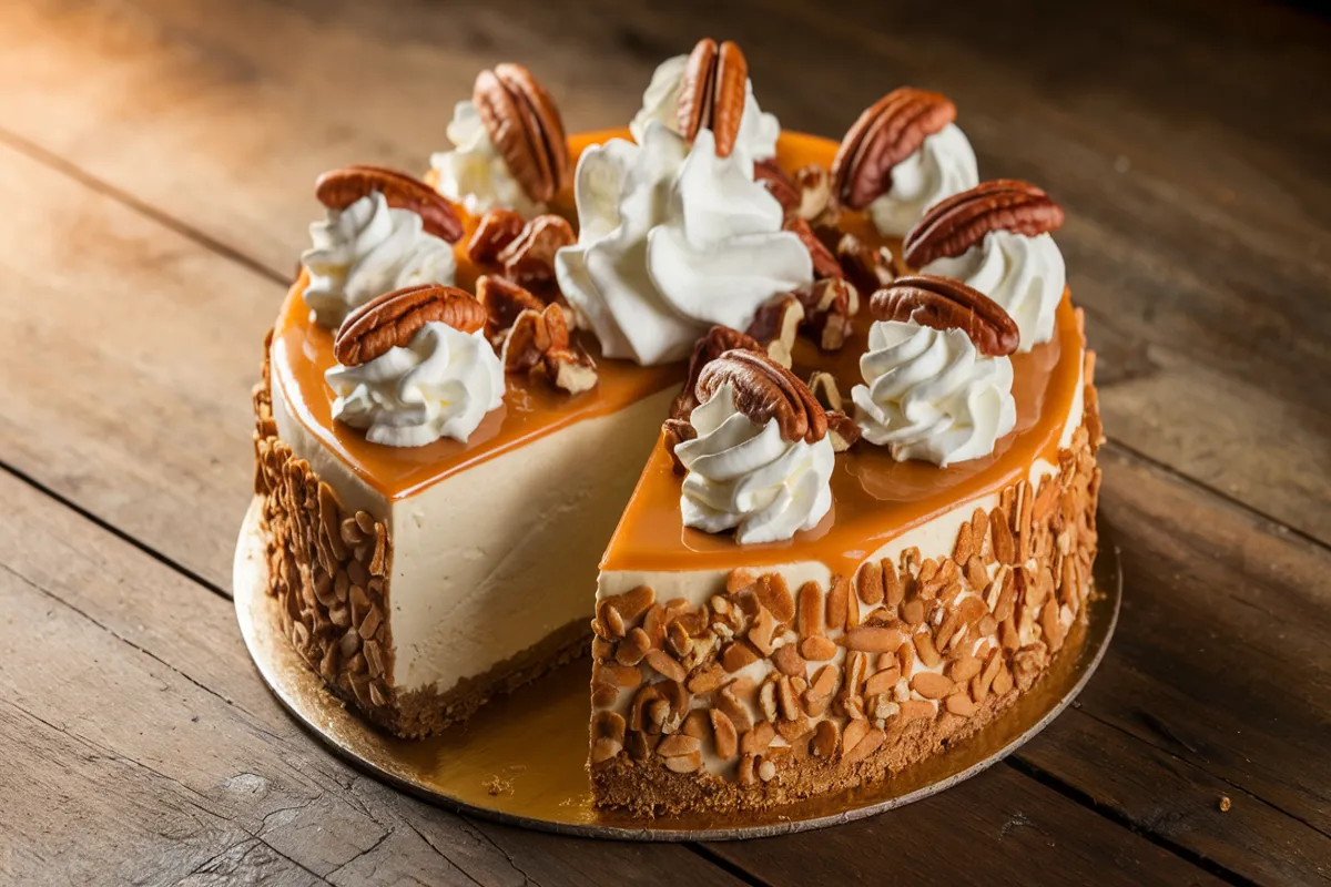 Crown Royal cheesecake with a creamy filling, graham cracker crust, and caramel drizzle, garnished with whipped cream and pecans.