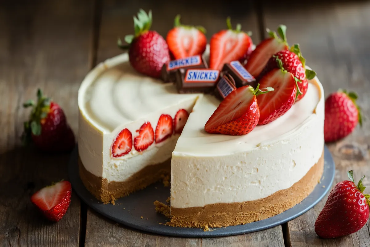 White Chocolate Strawberry Cheesecake with a slice cut out, showing a layered filling with Snickers, fresh strawberries, and white chocolate ganache.