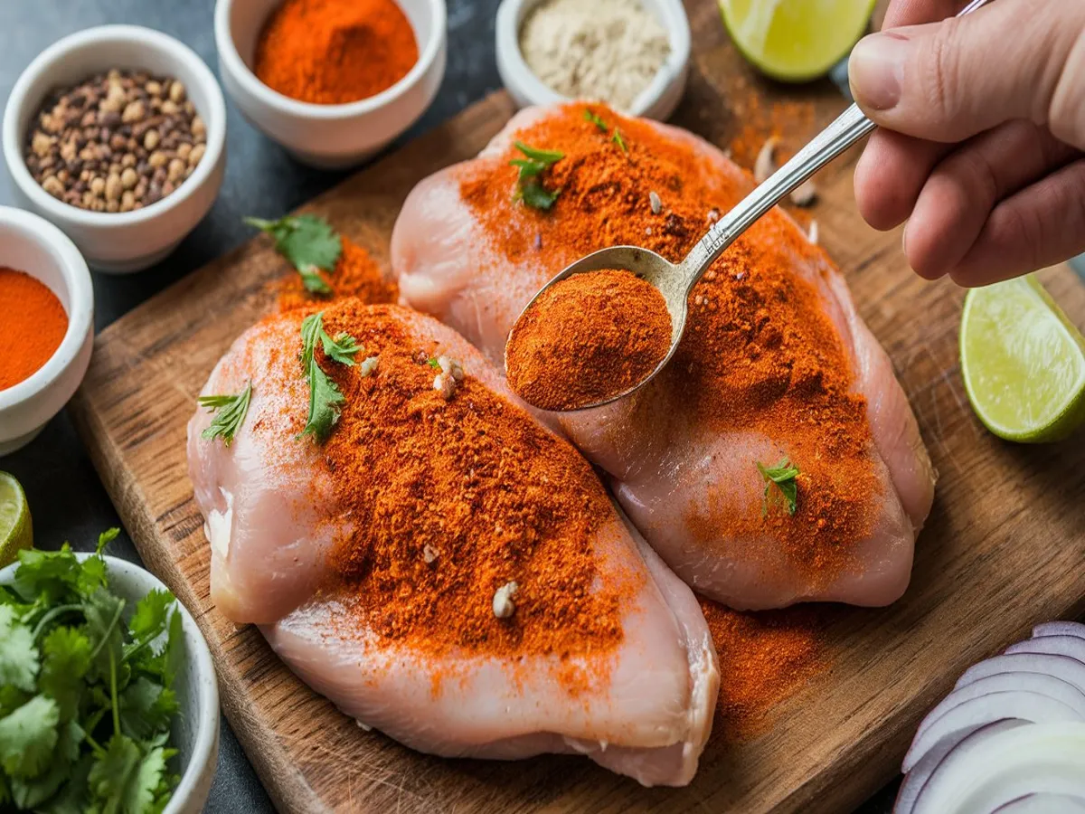 A bowl of homemade Chicken Taco Seasoning with fresh spices around it.