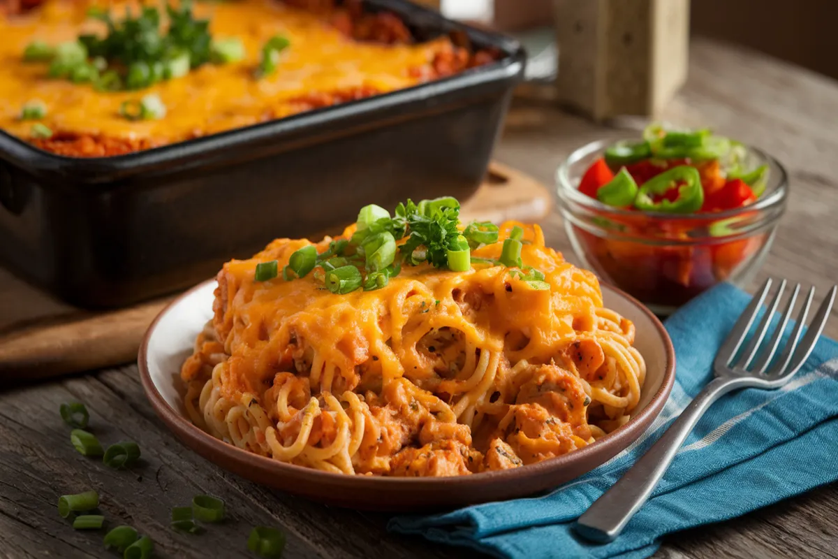 A plate of creamy chicken spaghetti with Rotel topped with melted cheddar cheese, green onions, and parsley, served in a cozy kitchen setting.