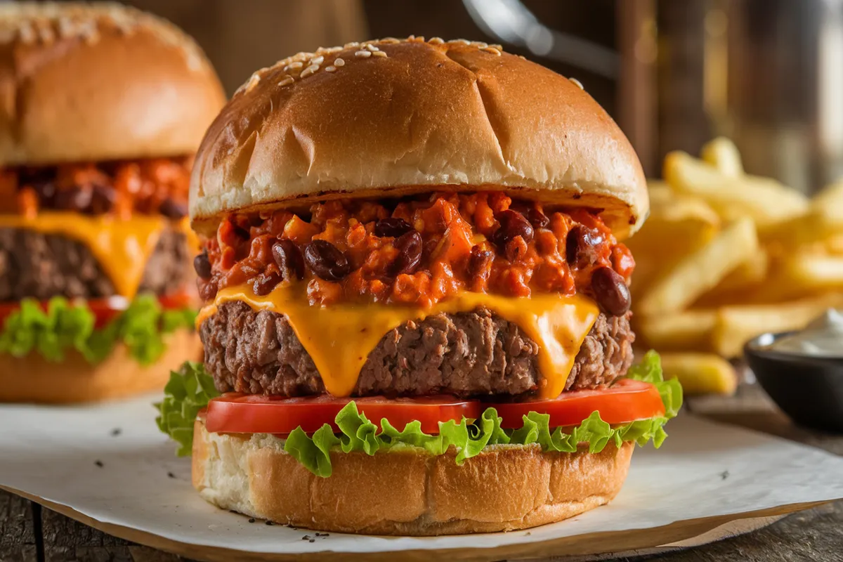 Close-up image of a chili cheese burger with a thick beef patty topped with melted cheddar cheese and a generous serving of spicy chili with beans. The burger is served on a toasted sesame seed brioche bun, layered with fresh lettuce and sliced tomatoes. The chili is thick and hearty, with visible pieces of ground beef and kidney beans. The burger is placed on a rustic wooden table, accompanied by a side of crispy golden French fries and a small bowl of dipping sauce.