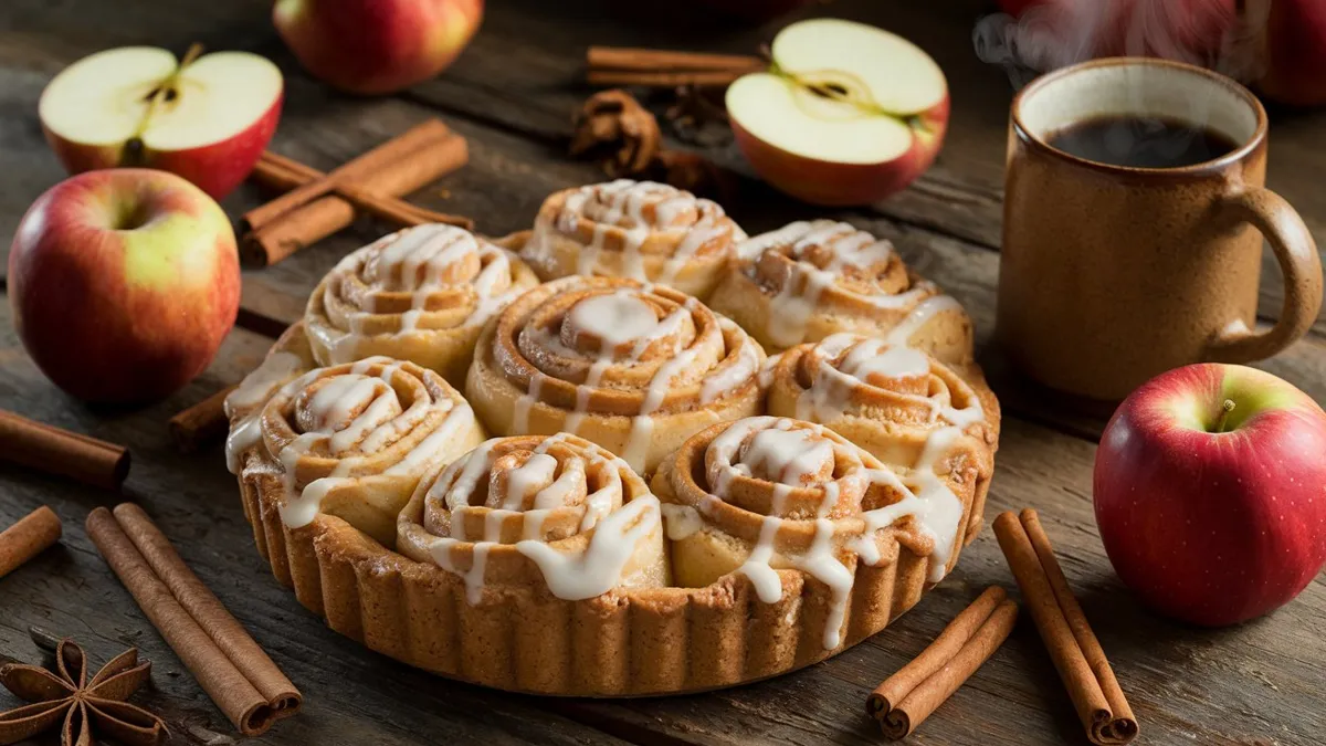 Cinnamon Roll Apple Pie with spiced apple filling and cinnamon roll crust, drizzled with icing