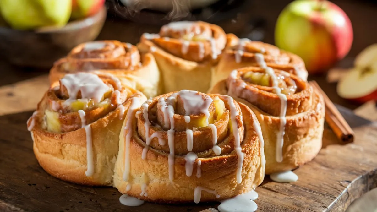 Golden brown cinnamon rolls with apple pie filling, drizzled with cream cheese glaze.