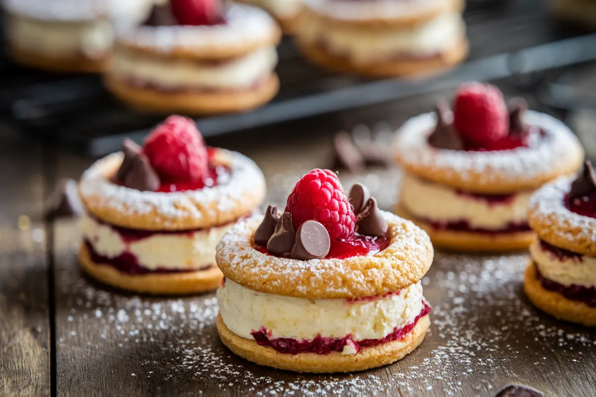 Cheesecake cookies with a golden-brown exterior and creamy cheesecake filling, topped with raspberry preserves and chocolate chips, on a rustic wooden table.