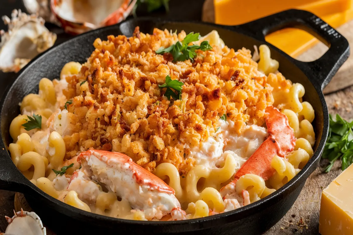 Main Dish Image: "A cast-iron skillet filled with creamy Crab Mac and Cheese, topped with golden-brown, crispy breadcrumbs and fresh herbs. Chunks of tender crab meat are visible throughout the cheesy pasta." Ingredients Image: "Ingredients for Crab Mac and Cheese on a wooden table, including lump crab meat, cheddar and Gruyère cheeses, pasta, butter, garlic powder, and panko breadcrumbs." Cooking Process Image: "Close-up of a saucepan with bubbling cheese sauce being stirred with a whisk, with grated cheese and Old Bay seasoning in the background." Serving Suggestion Image: "A bowl of Crab Mac and Cheese garnished with parsley, served alongside a green salad and a lemon wedge for added freshness." Variation Image (e.g., Lobster and Crab Mac and Cheese): "A creamy baked Lobster and Crab Mac and Cheese in a baking dish, topped with a blend of cheeses and breadcrumbs, ready to serve."