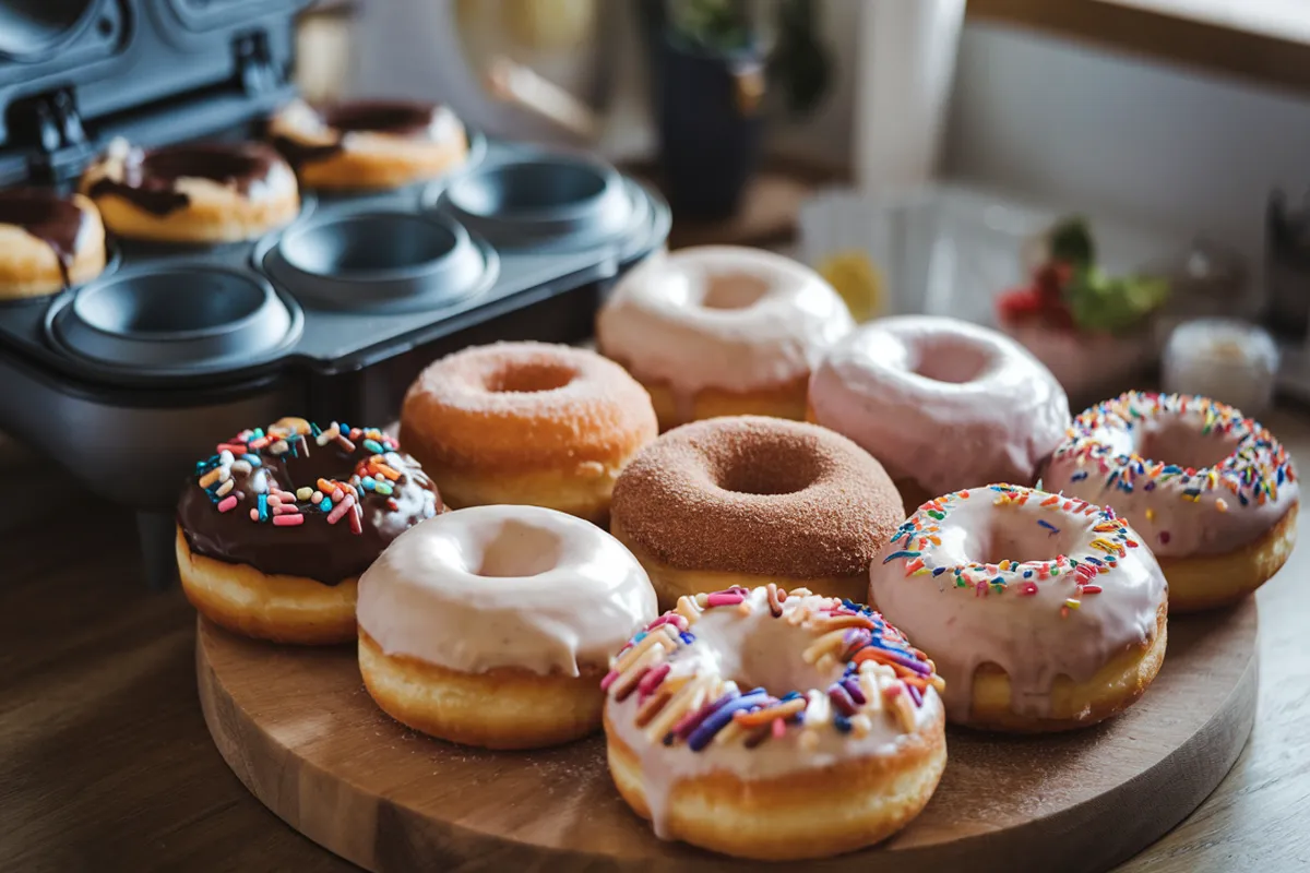 Freshly baked homemade donuts with various toppings like chocolate glaze, vanilla glaze, cinnamon sugar, and sprinkles, displayed on a wooden board in a cozy kitchen setting