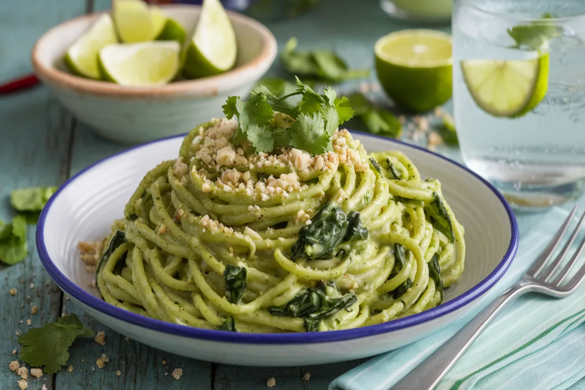 A plate of creamy green spaghetti with green sauce, garnished with cilantro and Cotija cheese, served on a rustic wooden table