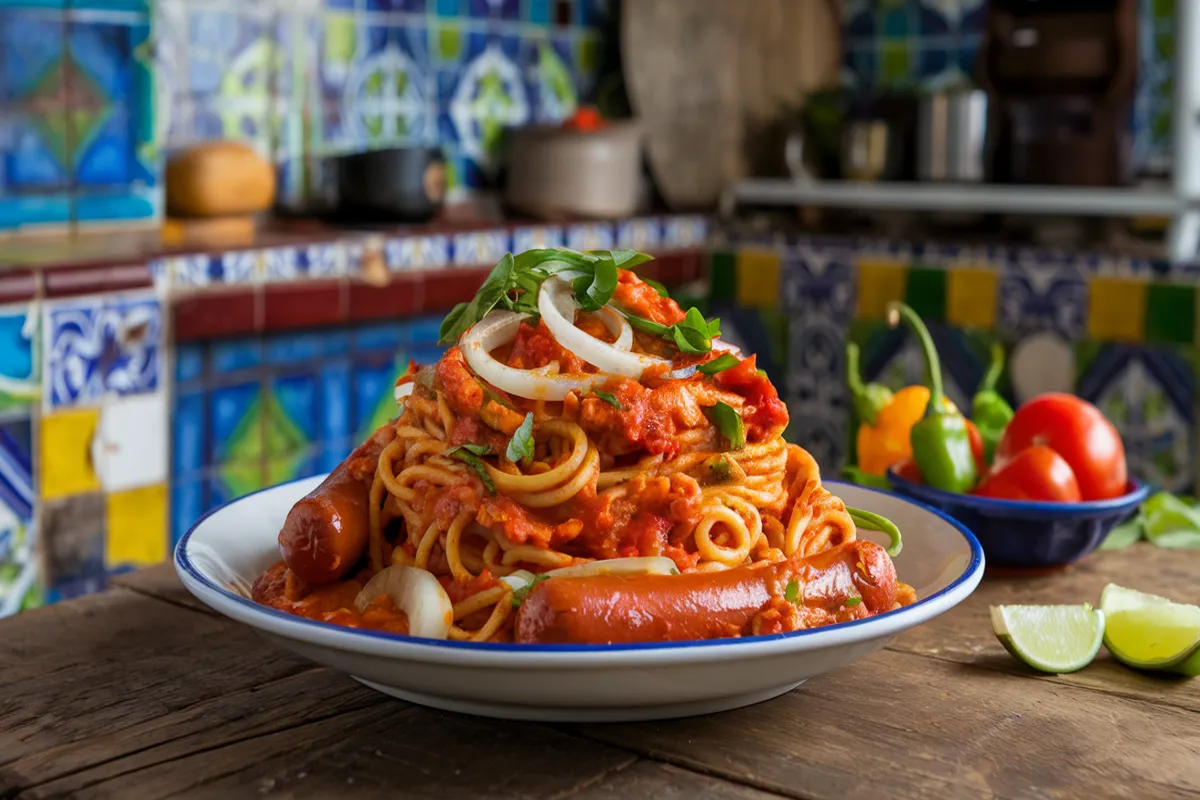 A plate of creamy Mexican spaghetti topped with melted cheese, bell peppers, and cilantro, served in a rustic Mexican kitchen setting