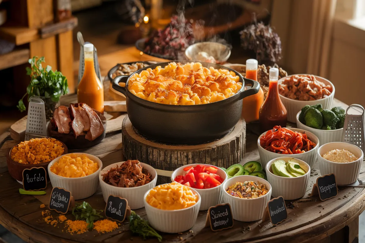 An inviting mac and cheese bar setup on a rustic wooden table featuring a large pot of creamy mac and cheese with a golden cheese crust, surrounded by bowls filled with various toppings like grilled chicken, crispy beef bacon, pulled pork, roasted broccoli, caramelized onions, sautéed spinach, diced tomatoes, sliced jalapeños, and avocado slices, along with sauce bottles and crunchy toppings like breadcrumbs, crushed tortilla chips, and fried onions, all under warm, cozy lighting.