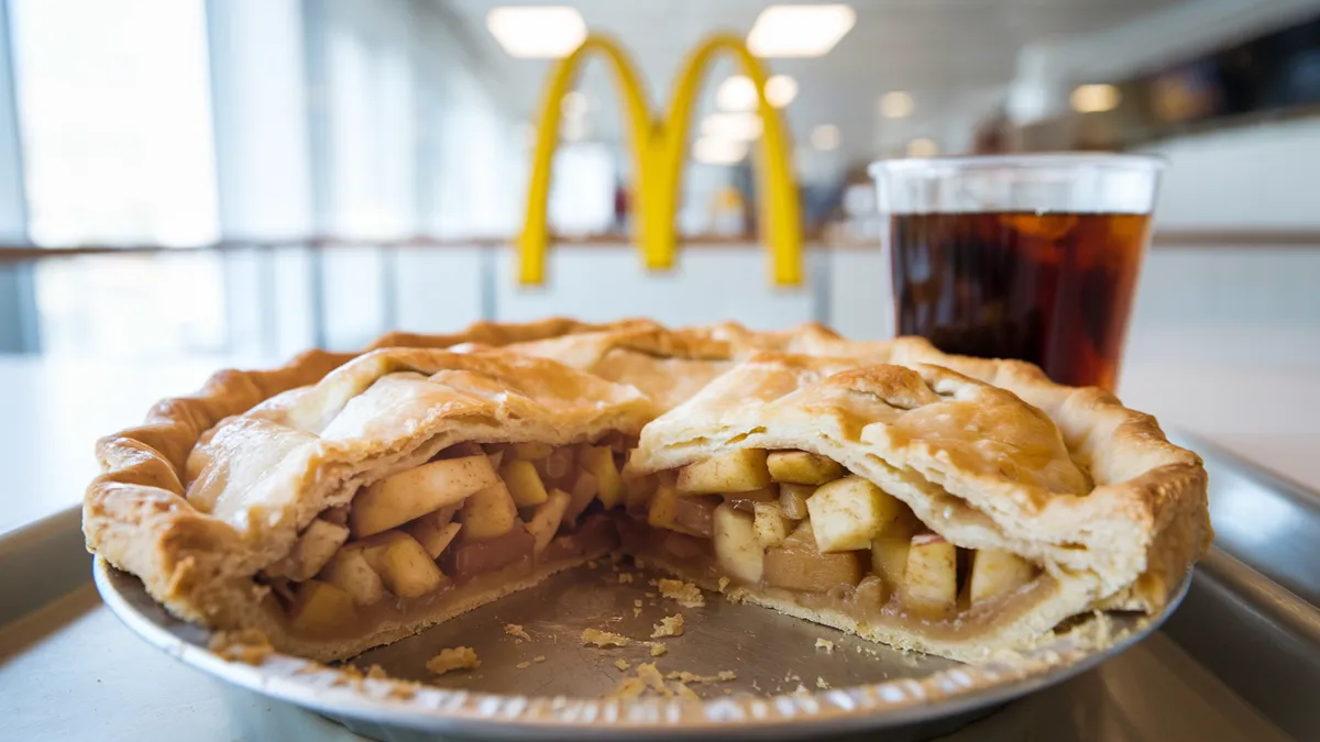 McDonald's Apple Pie Alt Text: A McDonald's Apple Pie, with a golden, flaky crust, served on a white napkin with a McDonald's logo in the background. Apple Pie and Beverage Alt Text: A McDonald's Apple Pie paired with a cup of black coffee, sitting on a tray in a McDonald's restaurant. McDonald's Dessert Display Alt Text: A display of McDonald's desserts, featuring the apple pie alongside other sweet treats like cookies and soft serve. Sharing McDonald's Apple Pie Alt Text: Two hands holding halves of a McDonald's Apple Pie, ready to share.