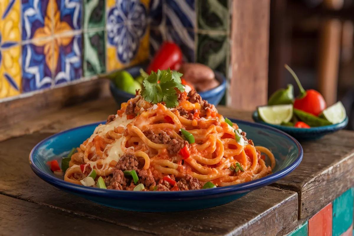 A plate of creamy Mexican spaghetti topped with melted cheese, bell peppers, and cilantro, served in a rustic Mexican kitchen setting