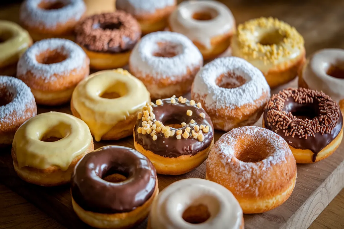 An assortment of freshly baked mini donuts with various toppings displayed on a wooden board, showcasing their fluffy texture and vibrant colors.