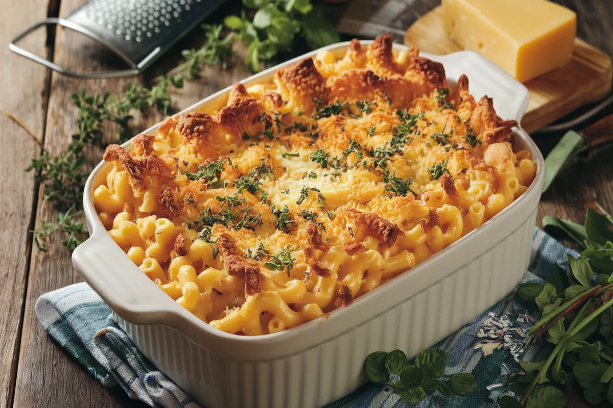 A delicious-looking Paula Deen Mac and Cheese in a casserole dish with a golden-brown top and creamy cheese sauce, set on a rustic wooden table.