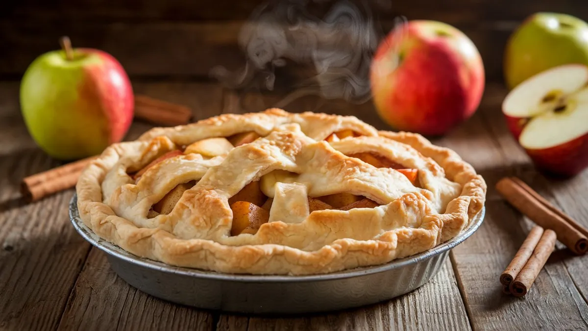 Freshly baked apple pie with a golden, flaky Pillsbury crust, filled with spiced apple slices.