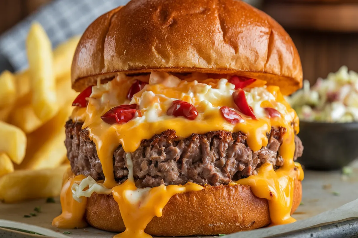 Close-up image of a pimento cheese burger with a thick beef patty topped with creamy, tangy pimento cheese. The pimento cheese is smooth with visible chunks of pimentos and melted cheddar, spilling over the patty. The burger is served on a toasted brioche bun, accompanied by a side of crispy golden French fries and a small bowl of coleslaw on a rustic wooden table