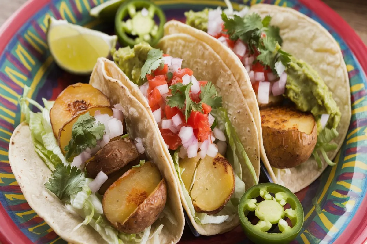 Crispy potato tacos with roasted potatoes, onions, and cilantro on corn tortillas