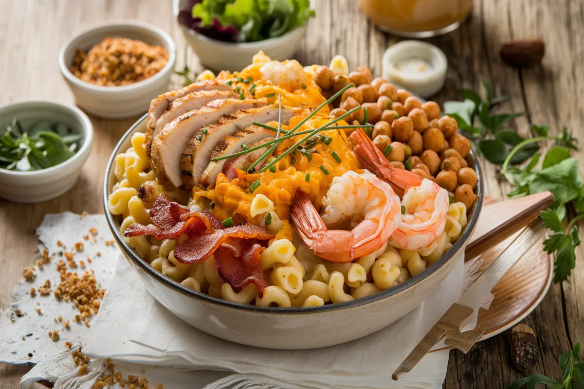 A bowl of creamy protein mac and cheese topped with grilled chicken slices, sautéed shrimp, crispy turkey bacon bits, and roasted chickpeas, set on a rustic wooden table. The mac and cheese has a golden, bubbly cheese topping, garnished with chopped chives. Surrounding the bowl are small dishes with additional toppings like fresh herbs, crunchy breadcrumbs, and a side of mixed green salad, all in warm, natural lighting