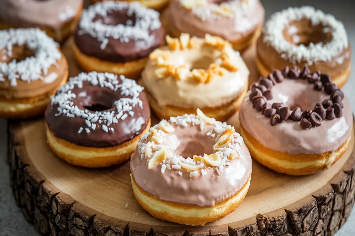 A variety of freshly baked protein donuts with different toppings, displayed on a rustic wooden board, showcasing their healthy and delicious appeal.