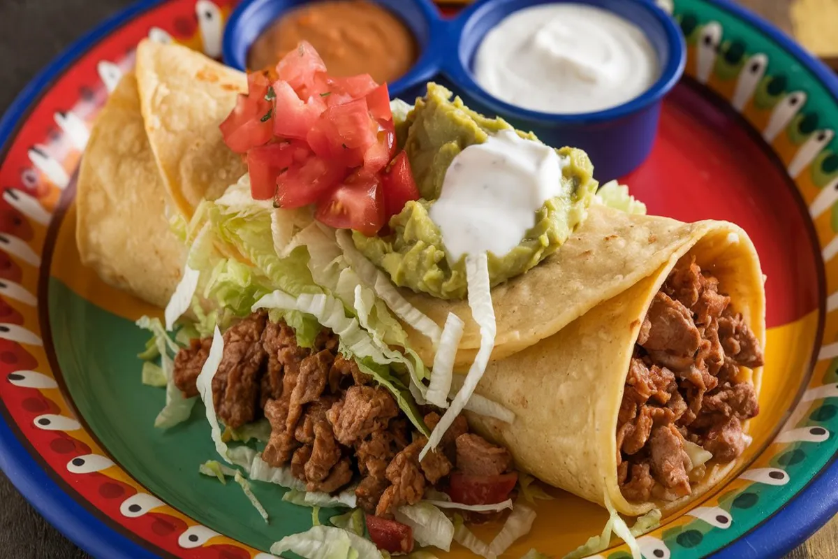 Crispy rolled tacos filled with seasoned chicken, topped with lettuce and tomatoes.